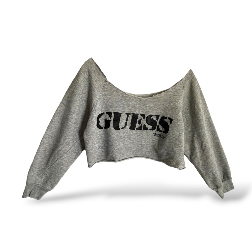 GUESS 80s Original Off Shoulder Heather-Gray Raw Hems DIY Sweatshirt Vtg CropTop
